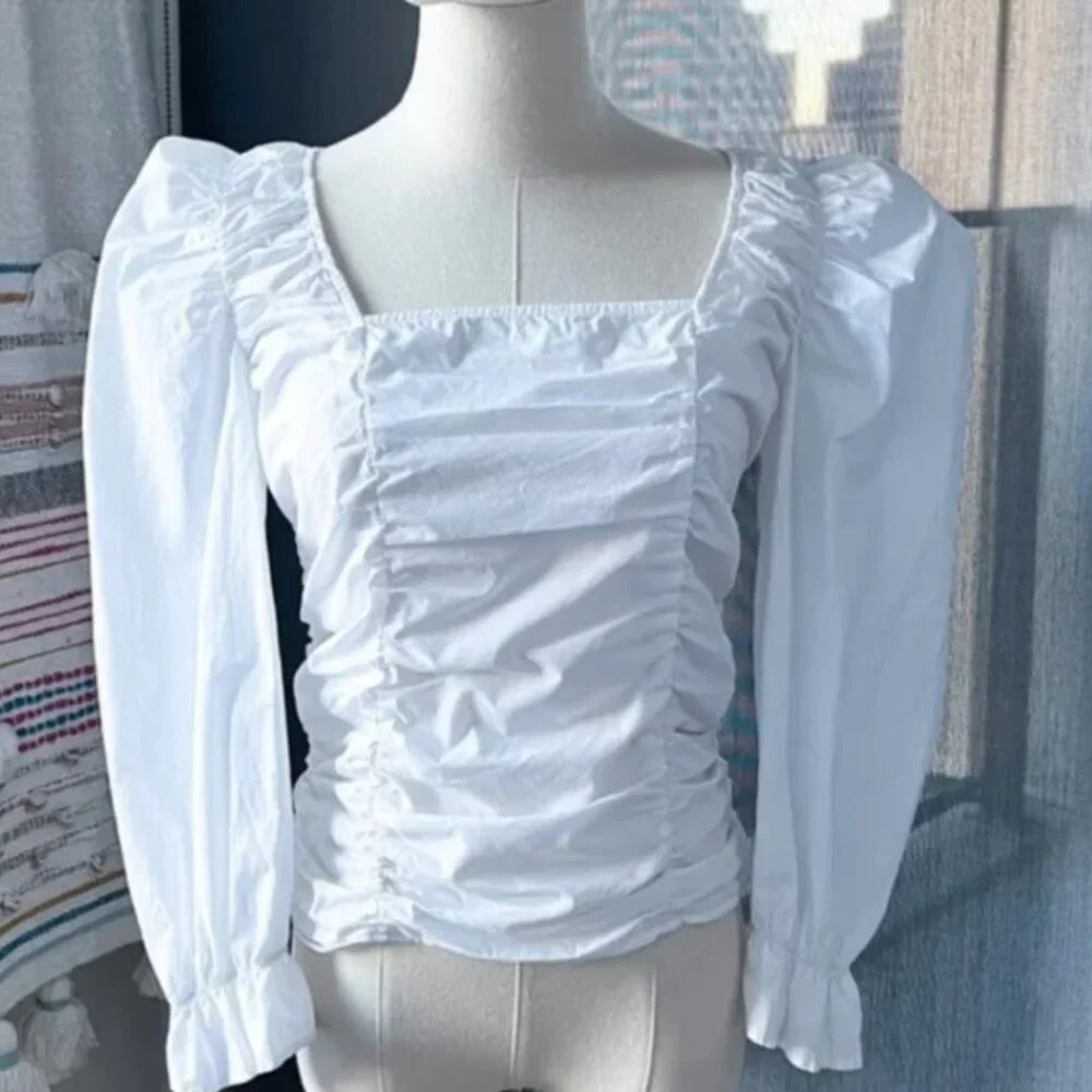 ZARA White Square Neck Puff Sleeve Smocked Poplin Top Large